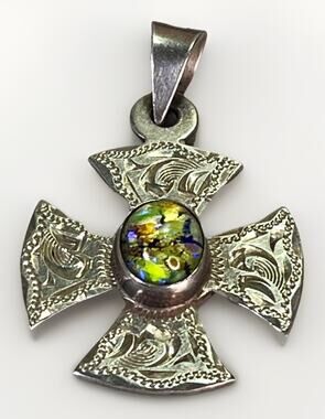 Vintage Taxco Mexico 925 Sterling Silver Opal Cross Pendant 11.3g Signed CC80